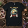 Istanbul City Of Cats graphic tee featuring stylized cats, mosque silhouette, and floral border