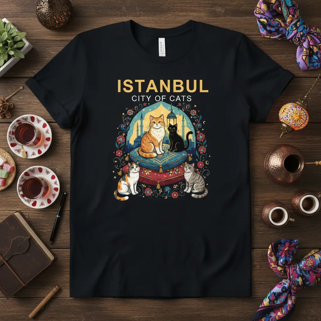 Istanbul City Of Cats graphic t-shirt design with detailed illustration of cats and city skyline