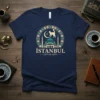 Istanbul City of Cats t-shirt design featuring a mosque, crescent moon, and a cat silhouette within a circular border