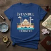 Istanbul Turkiye Mosque T-Shirt design with 'Istanbul' and 'Türkiye' text, featuring a detailed mosque illustration and a blue sky