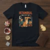 Istanbul The City of Cats t-shirt design with multiple cats and mosque silhouettes, featuring orange and teal colors