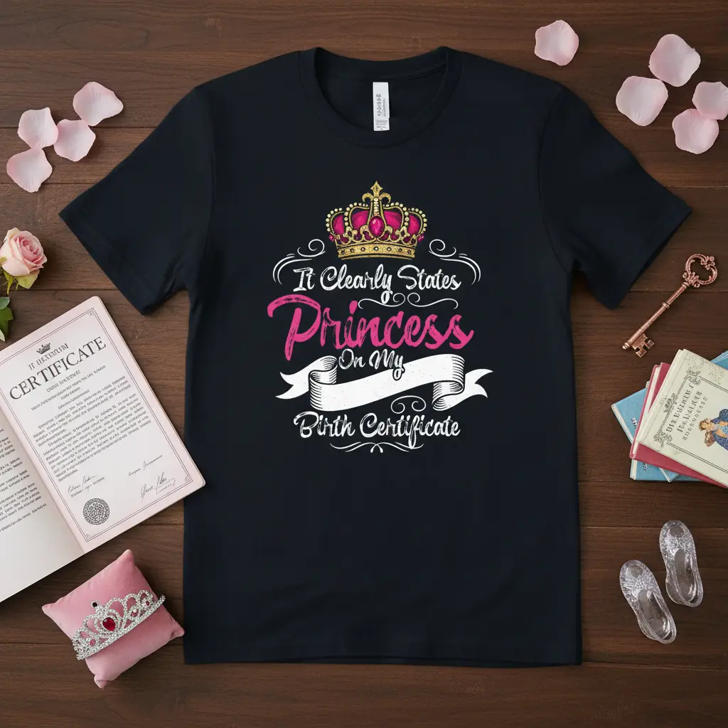It Clearly States Princess On My Birth Certificate quote with a pink crown on a black t-shirt