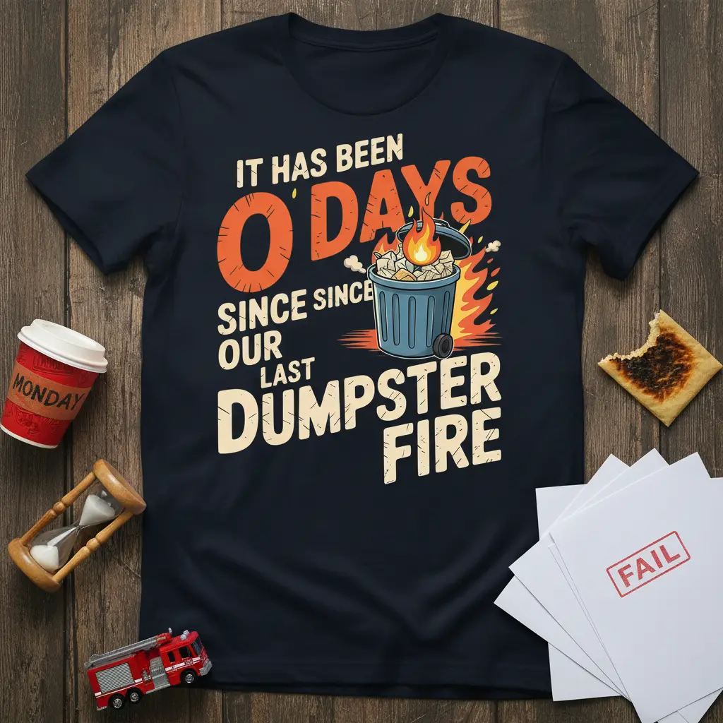 It Has Been 0 Days Since Our Last Dumpster Fire humorous quote t-shirt with flaming dumpster graphic