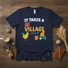It Takes A Village at Prairie Hill t-shirt with farm graphics: chicken, cat on tractor, barn, and harvest basket