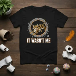 T-shirt design with the text "IT WASN'T ME" and a cartoon Bengal cat jumping inside a stone circle