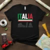 ITALIA t-shirt design with Italian flag colors and silhouettes of the Colosseum, Leaning Tower of Pisa, and Florence Cathedral