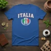 Italia t-shirt design with Italian flag emblem and laurel wreath, representing Italian pride and heritage