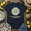 Italian Coastal Vibes Amalfi Style text on a navy t-shirt with a lemon and blue tile mandala design