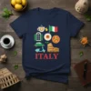 Italy Travel Collage T-Shirt design with Colosseum, pasta, pizza, Italian flag, scooter, and coffee cup