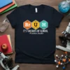 Black t-shirt with "It's 100 Days of School" design using periodic table elements Br, U, H and #science teacher
