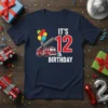 It's 12th Birthday Fire Truck Theme T-Shirt with balloons and number 12 graphic