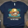 Retirement t-shirt with text "It's 5 O'Clock Everywhere I'm Retired" and a sloth on an inner tube with palm trees