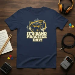 It's Band Practice Day! text design with drums and guitars on a navy t-shirt
