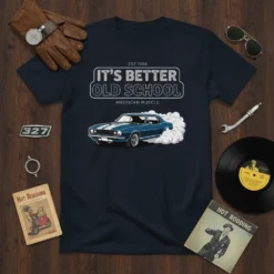 It's Better Old School American Muscle t-shirt featuring a vintage blue muscle car doing a burnout, EST 1964 text