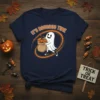 It's Boooooo Time Halloween t-shirt with a cute ghost carrying a sack of pumpkins and candy