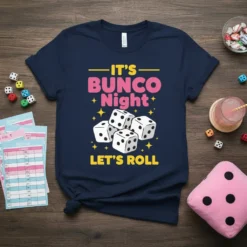 Navy t-shirt with "IT'S BUNCO Night LET'S ROLL" text and dice graphics, perfect for bunco game night