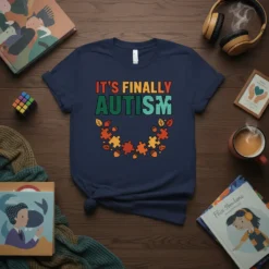 It's Finally Autism text design with colorful puzzle pieces and acorns on a navy t-shirt