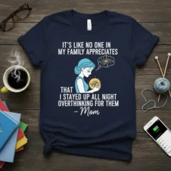 Navy t-shirt with white text: "It's Like No One In My Family Appreciates That I Stayed Up All Night Overthinking