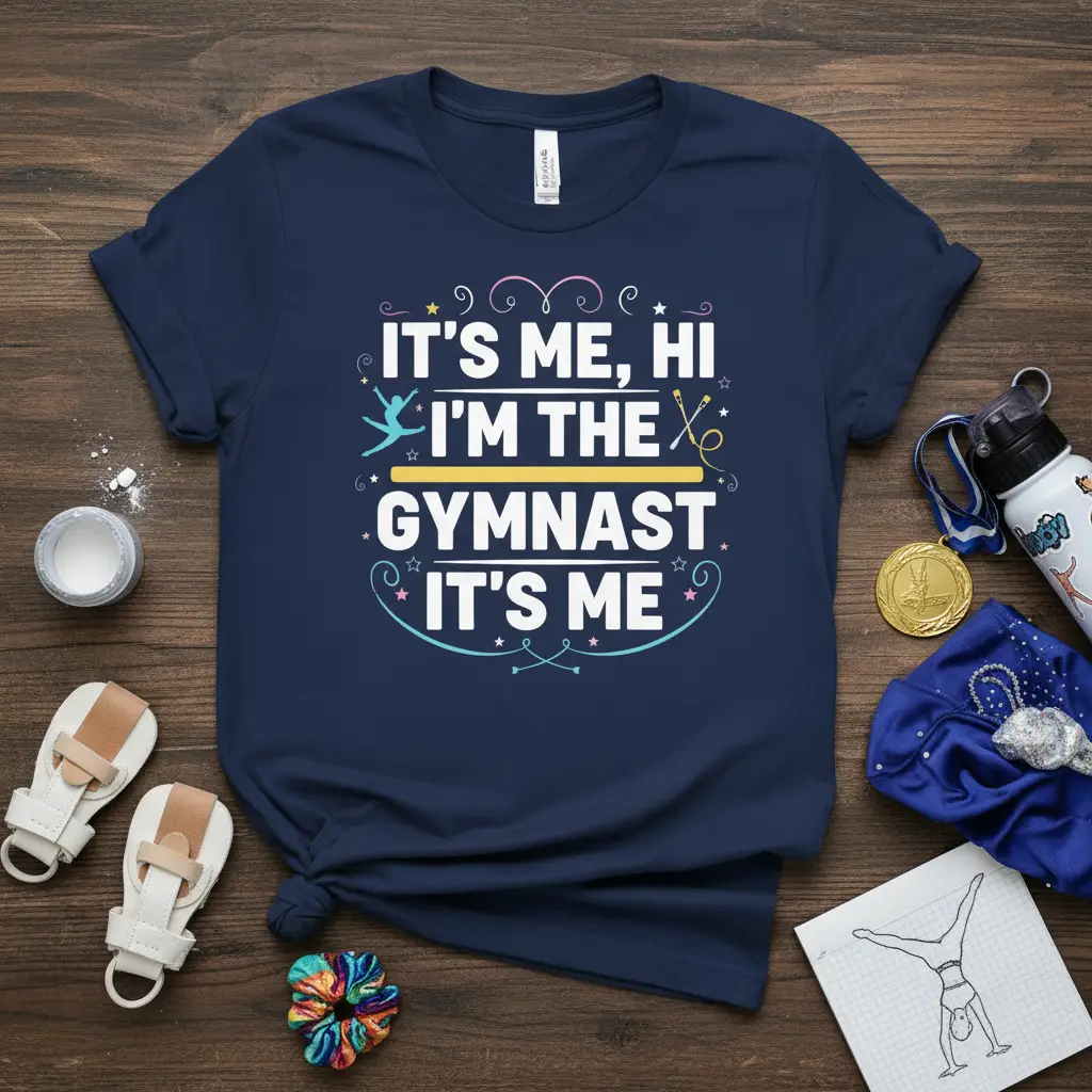 IT'S ME, HI I'M THE GYMNAST IT'S ME quote with gymnast graphic on navy t-shirt