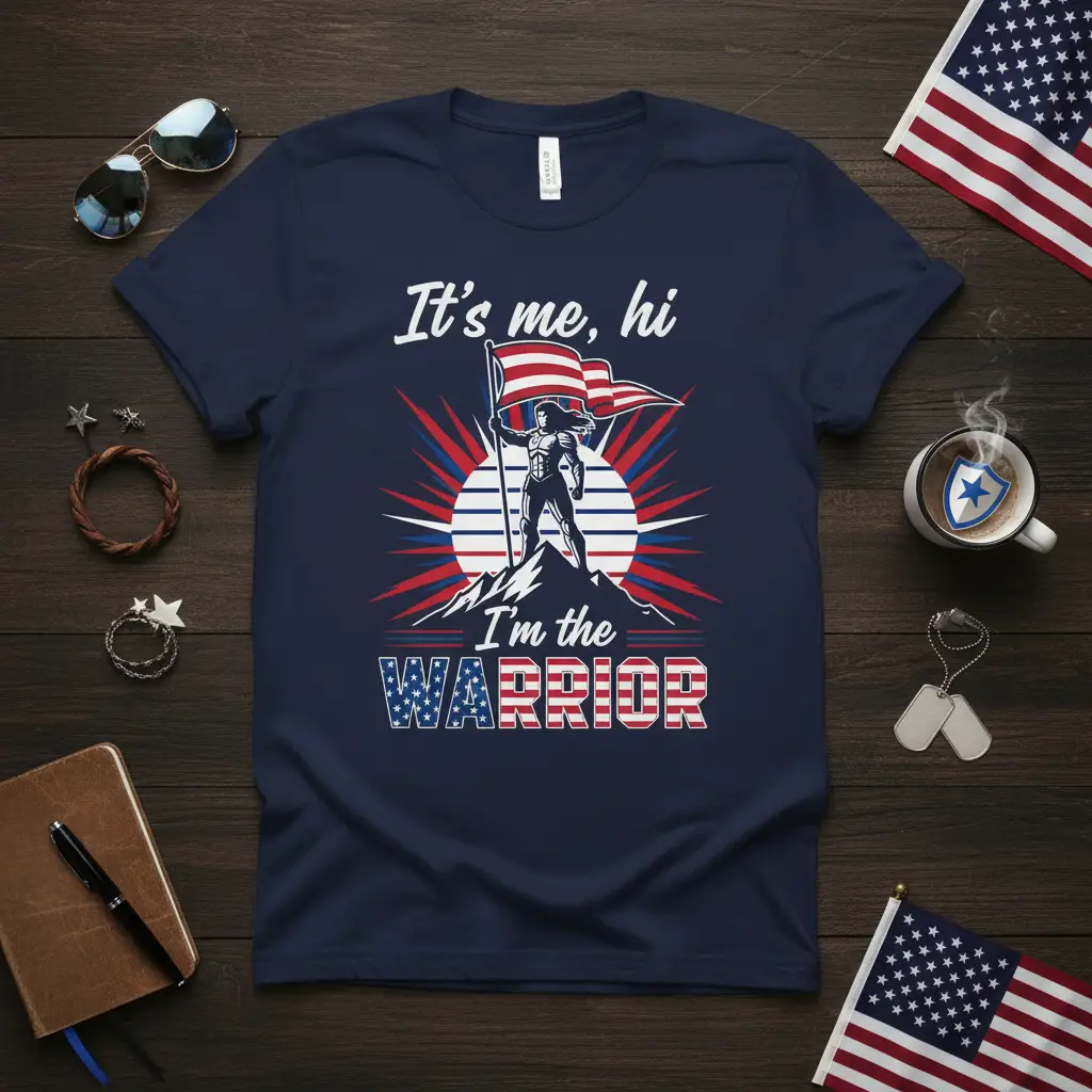 It's me, hi I'm the WARRIOR text with warrior graphic and American flag on navy tee