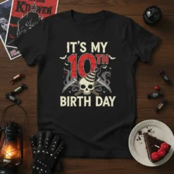 It's My 10th Birth Day t-shirt with a grim reaper skull, scythes, and bats. Features bold red "10th" and distressed