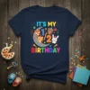 It's My 1/2 Birthday text with cute fox, bear, and rabbit graphics on a navy t-shirt