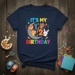 It's My 1/2 Birthday text with cute fox, bear, and rabbit graphics on a navy t-shirt