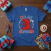 It's My 3rd Birthday text with a large red spiderweb '3' graphic on a blue t-shirt, perfect for a child's