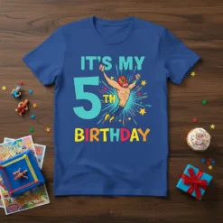 Blue t-shirt with "IT'S MY 5TH BIRTHDAY" text and a Lucha Libre wrestler graphic