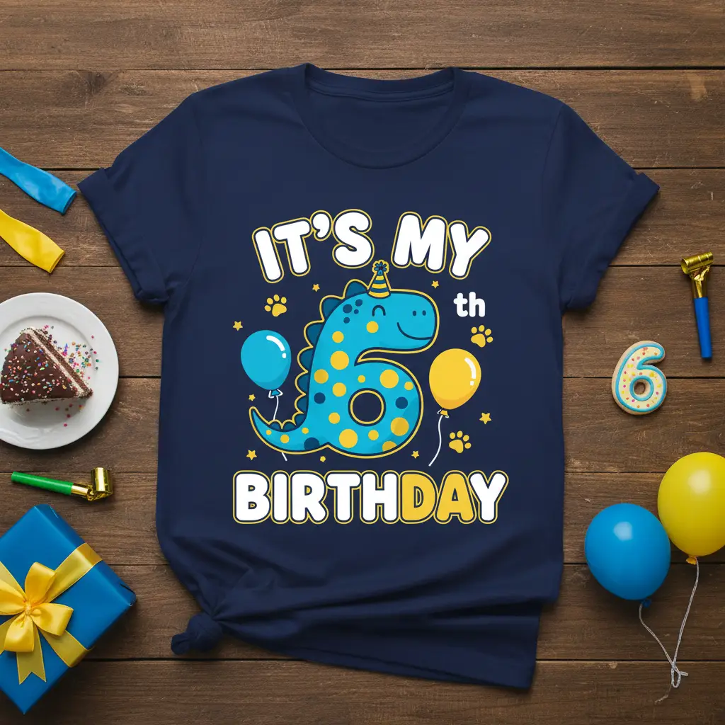 It's My 6th Birthday text with a cute blue dinosaur graphic and balloons on a navy kids t-shirt