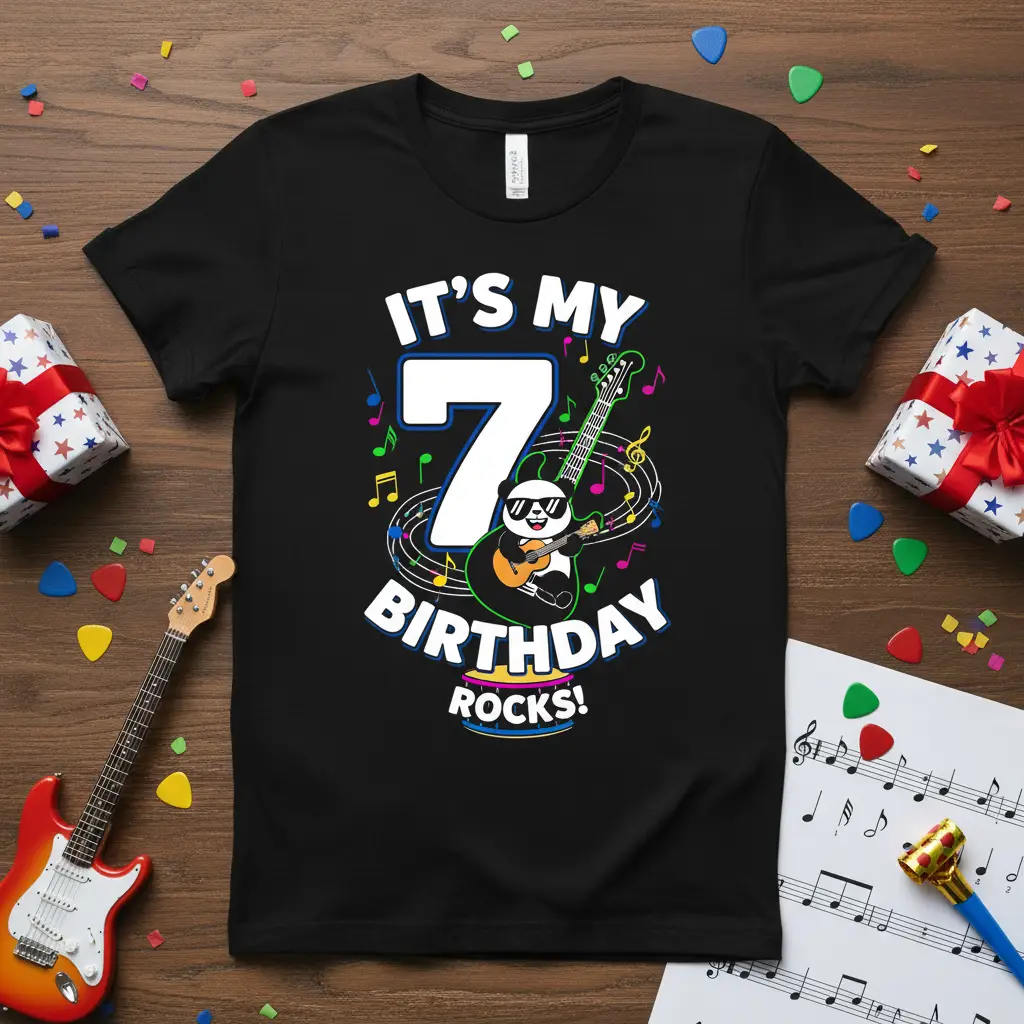 It's My 7 Birthday Rocks design with a panda playing guitar and musical notes on a black t-shirt