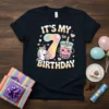 It's My 7th Birthday t-shirt design with a cartoon unicorn holding boba tea and a smiling boba cup, pastel colors