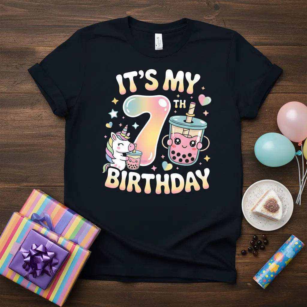 It's My 7th Birthday t-shirt design with unicorn and boba tea graphic for a 7-year-old girl