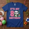 It's My 8 Birthday t-shirt featuring a cute cartoon panda holding bamboo, with the number 8 and party decorations