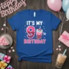 It's My 9th Birthday text with a pink bubble tea graphic on a blue t-shirt for a child's celebration