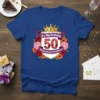 Royal blue t-shirt with "It's My Birthday 50 Thank you for everything!" text, crown, and floral wreath graphic