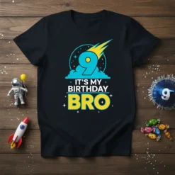 It's My Birthday Bro text with a large blue number 9 and a yellow comet graphic on a black t-shirt