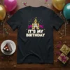 Black t-shirt featuring a golden castle graphic with pink and teal confetti, and the text "IT'S MY BIRTHDAY" in white