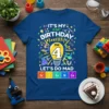 Blue t-shirt with "IT'S MY BIRTHDAY E=MC² I'M 4 LET'S DO MAD" text and science graphics for a 4-year-old's birthday