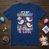 It's My Birthday Let's Party A Lotl text with cute axolotls, balloons, and birthday cake graphic on a navy t-shirt