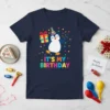 It's My Birthday penguin t-shirt design with colorful text and confetti for kids