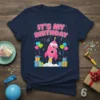It's My Birthday Rocket 6 Year Old T-Shirt with pink rocket, number 6 candle, balloons, and gifts