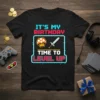 Retro pixelated "It's My Birthday Time To Level Up" gamer t-shirt design featuring a mushroom and sword graphic