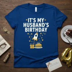 It's My Husband's Birthday text with rocket, cake, and gift graphic on a blue t-shirt
