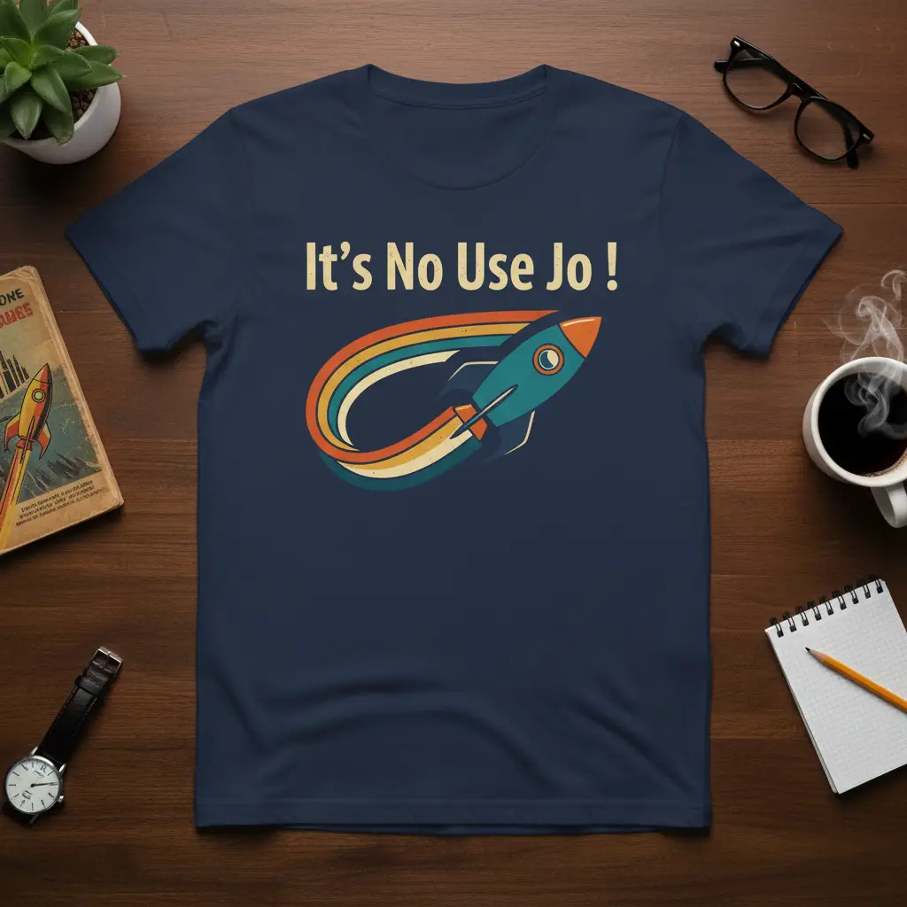 It's No Use Jo! text with a retro rocket and rainbow trail graphic on a navy blue t-shirt