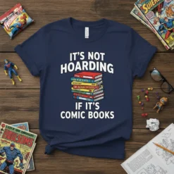 White text "IT'S NOT HOARDING IF IT'S COMIC BOOKS" with a stack of colorful comic books on a navy blue