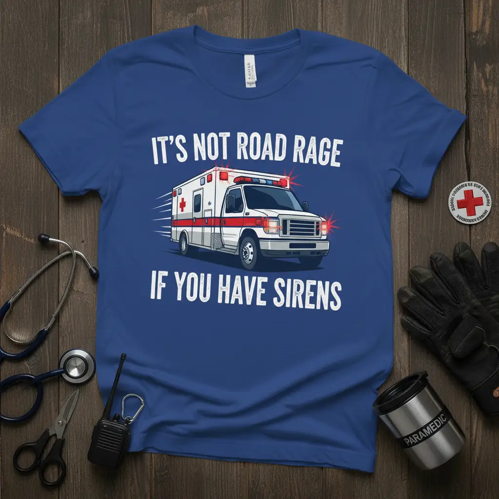 It's Not Road Rage If You Have Sirens quote on a t-shirt with a moving ambulance graphic