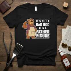 It's Not a Bad Bod It's a Father Figure quote on a black t-shirt with a cartoon bear wearing an