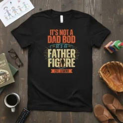 Black t-shirt with "IT'S NOT A DAD BOD ITS A FATHER FIGURE EST. LEGEND" text and silhouette of father and