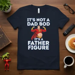 It's Not A Dad Bod It's A Father Figure funny superhero dad t-shirt design with bold white text and a